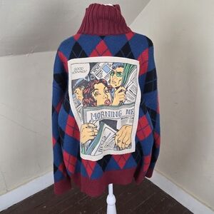 Ktt Argyle Turtleneck Sweater Graphic Comic Back Patch Vintage Y2K Size L